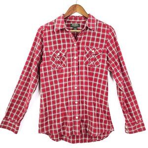 Eddie Bauer Wine Red Madras Plaid Roll Tab Button Front Long SLeeve Shirt